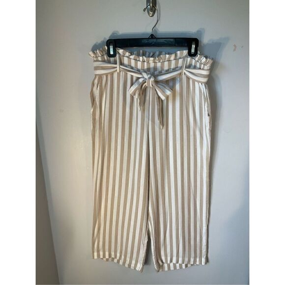 Fever Cropped Paper Bag Pants, Cream and Tan Striped, Large - Picture 2 of 10